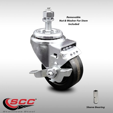Service Caster 3.5 Inch SS Phenolic Wheel Swivel 1/2 Inch Threaded Stem Caster with Brake SCC SCC-SSTS20S3514-PHS-TLB-121315